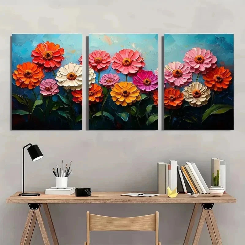 3pcs Reds And Apricot Zinnia Flower Perfect Wall Art Set Canvas Framed 50x70cm - High Quality Print 100% Australian Made Wall Canvas Ready to Hang