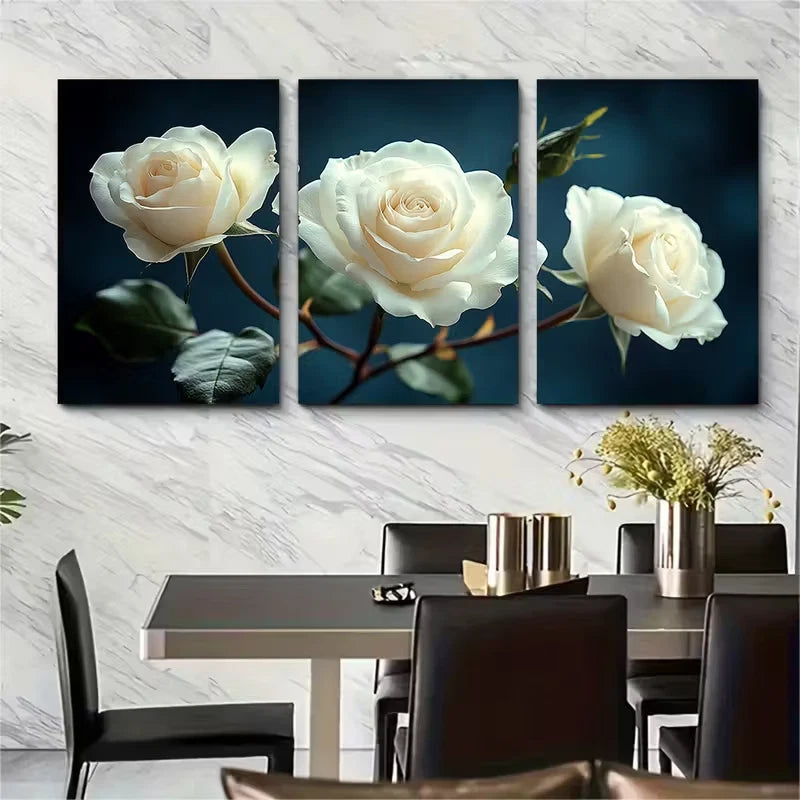 3pcs Elegant White Roses Floral Photography Metal Print Ready to Hang Art