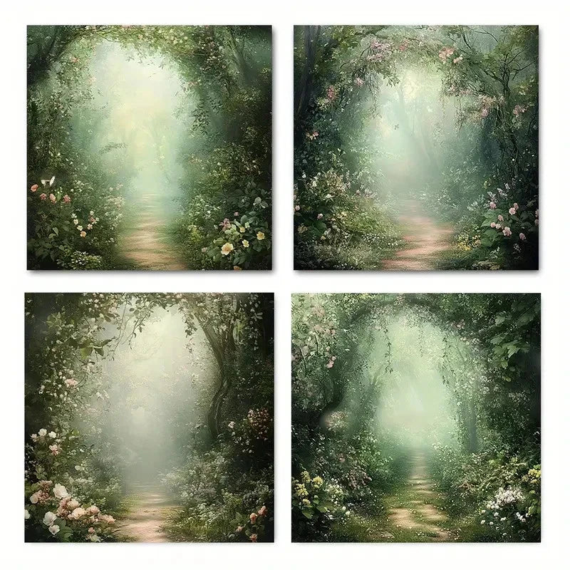 4pcs Enchanted Forest Path with Misty Sunlight Wall Art Canvas Framed