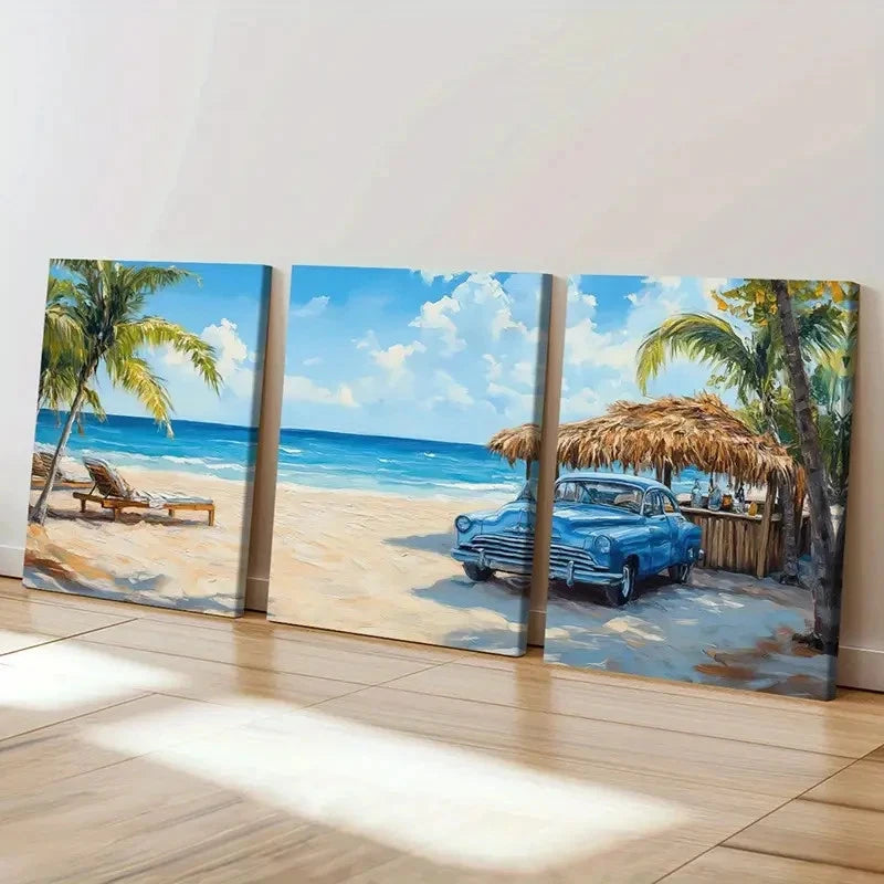 3pcs Australian Beach & Palm Trees Vintage Car Wall Art Set Canvas Framed 60x90cm - High Quality Print 100% Australian Made Wall Canvas Ready to Hang - Bella Home Decor