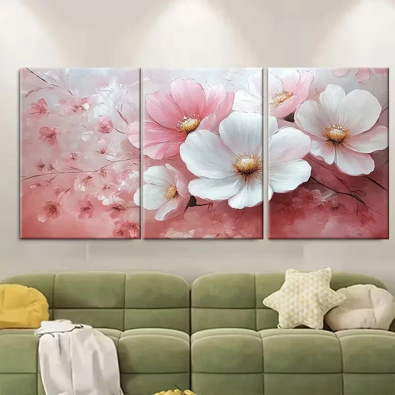 3pcs Elegant Pink and White Floral Metal Print Ready to Hang Art