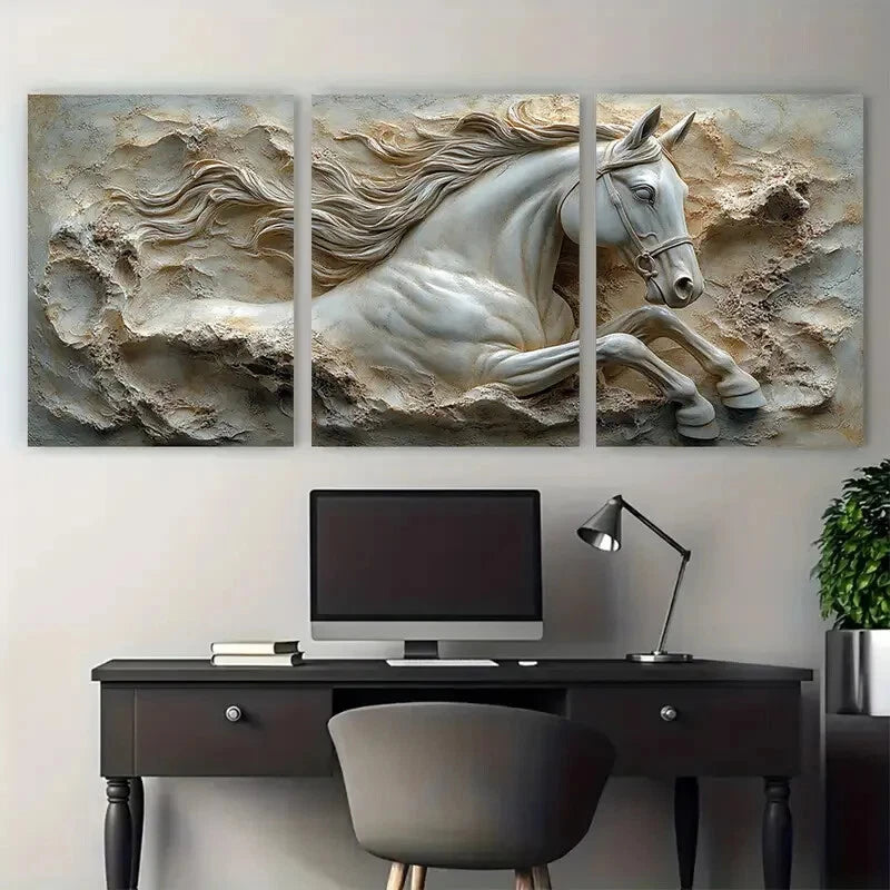 3pcs Neutral Stone Sculptural Equestrian Metal Print Ready to Hang Art - Bella Home Decor