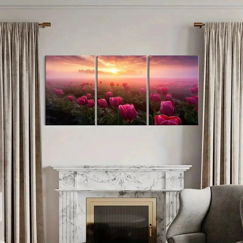 3pcs Sunset Tulips Field Vibrant Colors Nature Metal Print Ready to Hang Art - Bella Home Decor