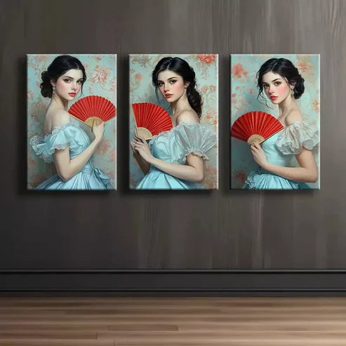 3pcs Elegant Girl with Red Fan  Art Canvas Unframed - High Quality Print 100% Australian Made Wall Canvas