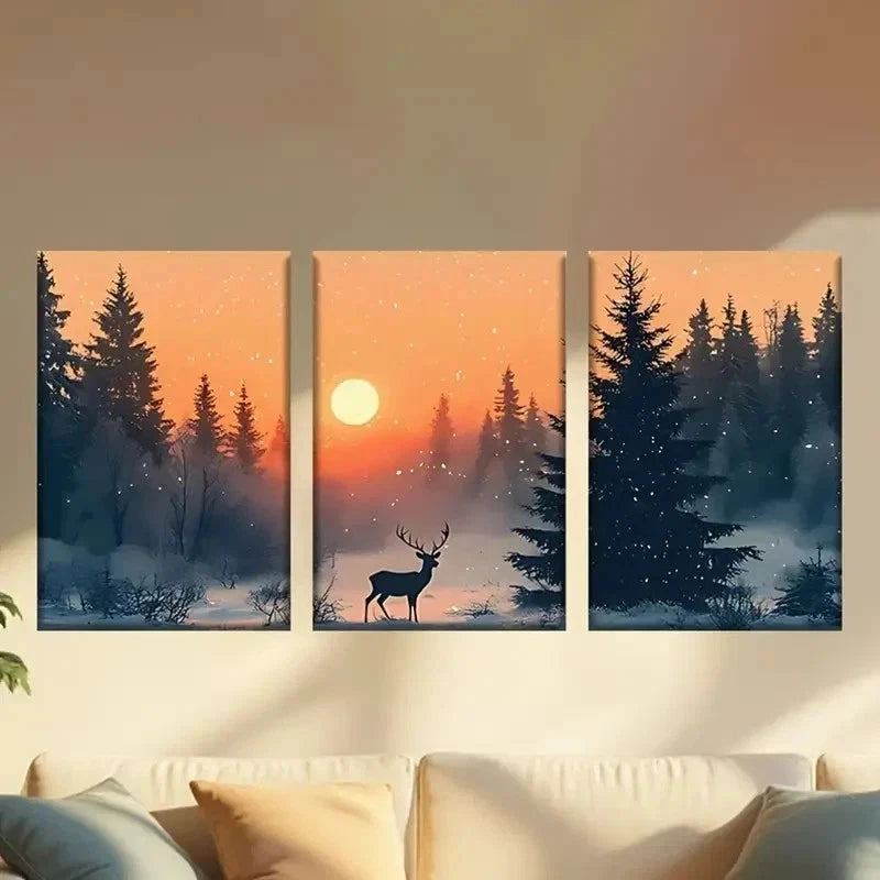 3pcs Enchanted Forest Scene with Deer and Sunset Wall Art Set Canvas Framed 50x70cm - High Quality Print 100% Australian Made Wall Canvas Ready to Hang