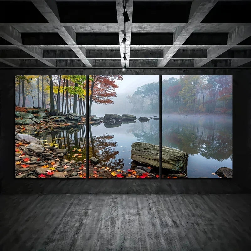3pcs Autumn Forest Lake View Rocks and Trees Metal Print Ready to Hang Art