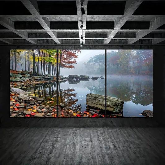 3pcs Autumn Forest Lake View Rocks and Trees Metal Print Ready to Hang Art