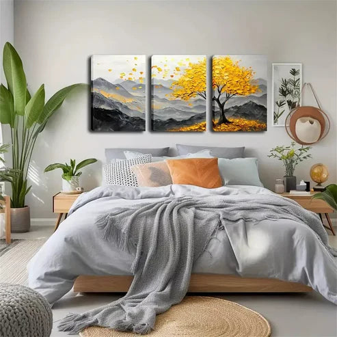 3pcs A Yellow Big Tree on a Mountain  Wall Art Set Canvas Unframed - High Quality Print 100% Australian Made Wall Canvas - Bella Home Decor