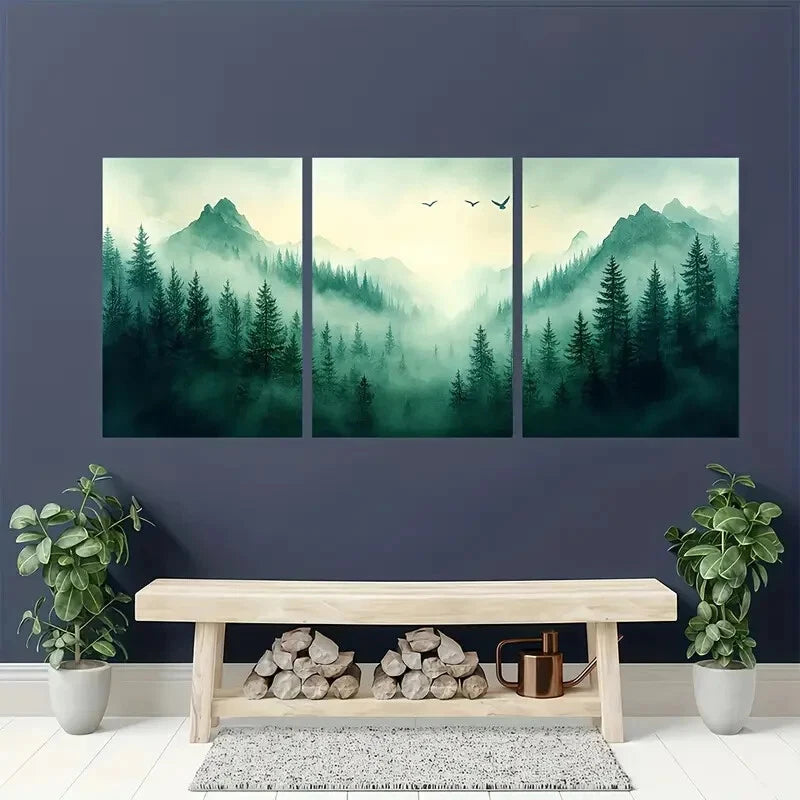 3pcs Pine Tree Forest Watercolor Landscape Art Metal Print Ready to Hang Art - Bella Home Decor