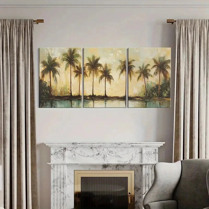3pcs Tropical Palm Trees Sunset Reflection Metal Print Ready to Hang Art - Bella Home Decor