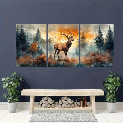 3pcs Autumn Woodland Scene with Majestic Deer Metal Print Ready to Hang Art - Bella Home Decor