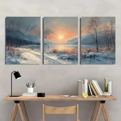 3pcs Snowy Mountain River Scene with Bare Trees Wall Art Set Canvas Unframed - High Quality Print 100% Australian Made Wall Canvas