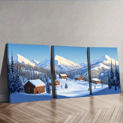 3pcs Snow Covered Village Mountains Scenery Wall Art Set Canvas Unframed - High Quality Print 100% Australian Made Wall Canvas