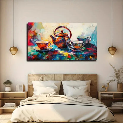 Vibrant Teapot And Cups Décor Wall Art Canvas Office Home Room Framed 120x60cm