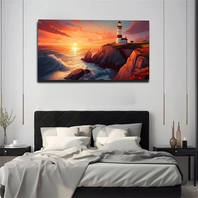 Vibrant Lighthouse Coastal Wall Art Canvas Office Home Room Framed 120x60cm