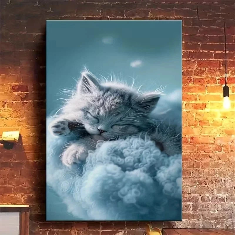 Sleeping Kitten in Fluff, Oil Painting Metal Print Ready to Hang
