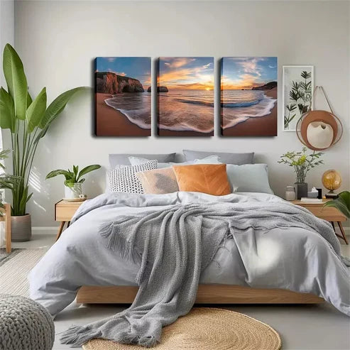 3pcs Stunning White Waves, Sea Level Sunset Wall Art Set Canvas Unframed - High Quality Print 100% Australian Made Wall Canvas