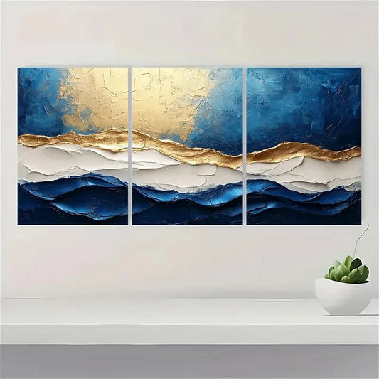 3pcs Blue Abstract Painting Blue Minimalist Metal Print Ready to Hang Art