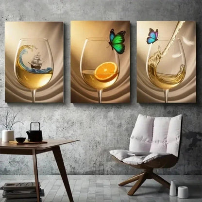 3pcs Glass, Splash, Butterfly, Ship, Orange   Wall Art Set Canvas Framed 60x90cm - High Quality Print 100% Australian Made Wall Canvas Ready to Hang - Bella Home Decor