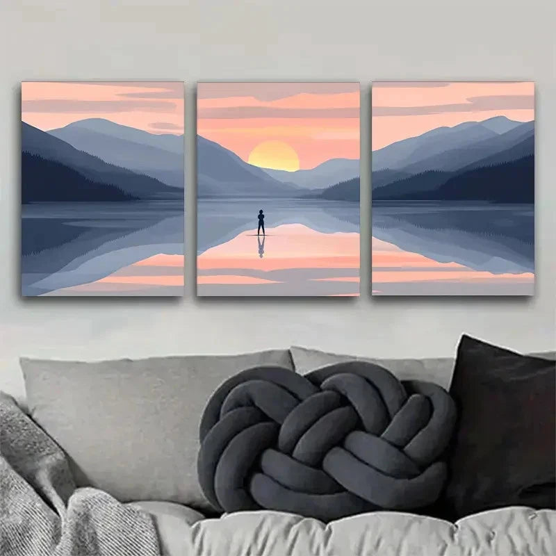 3pcs Sunset Lake - Romantic Landscape Painting Metal Print Ready to Hang Art