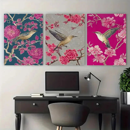 3pcs Vintage Vietnamese Floral Pink Illustration Wall Art Set Canvas Framed 40x60cm - High Quality Print 100% Australian Made Wall Canvas Ready to Hang