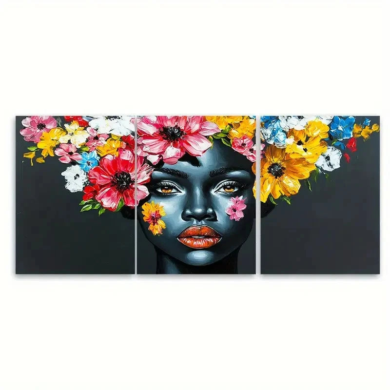 3pcs Floral Painting African Lady Portrait Black Wall Art Set Canvas Framed 40x60cm - High Quality Print 100% Australian Made Wall Canvas Ready to Hang