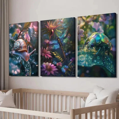 3pcs Insect Snails Beetles and & Floral Design Wall Art Canvas Unframed - High Quality Print 100% Australian Made Wall Canvas