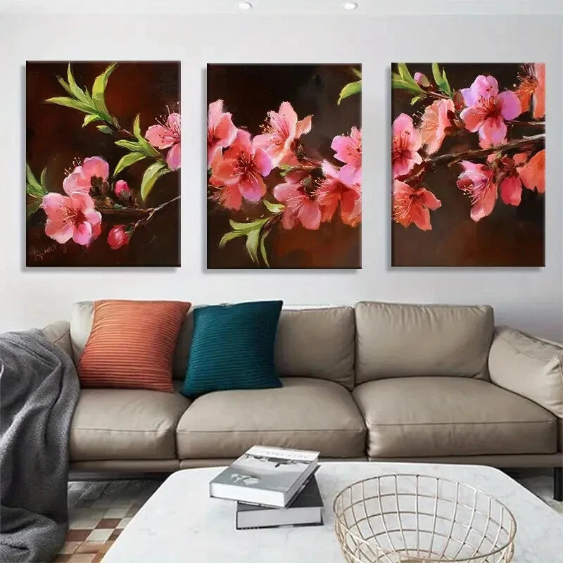 3pcs Peach Blossom Botanical Wall Art Set Metal Print Ready to Hang Art