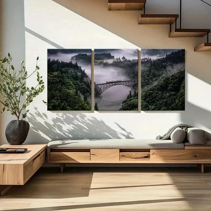 3pcs Misty Valleys Woods Bridges & Train Wall Art Set Canvas Framed 50x70cm - High Quality Print 100% Australian Made Wall Canvas Ready to Hang