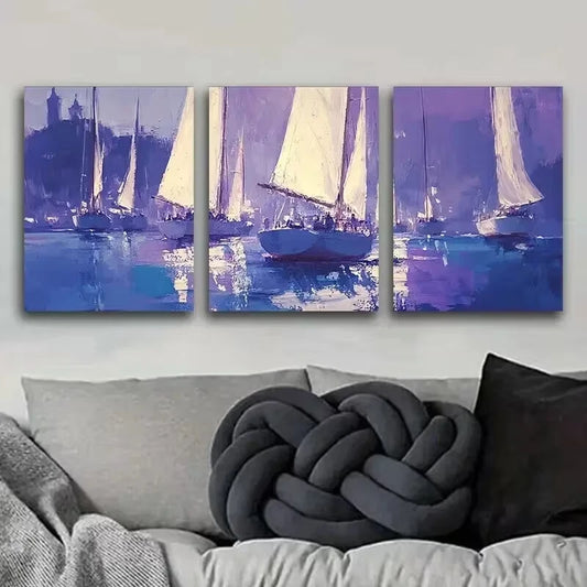 3pcs Sailboat Sea Purple Natural Landscape Metal Print Ready to Hang Art