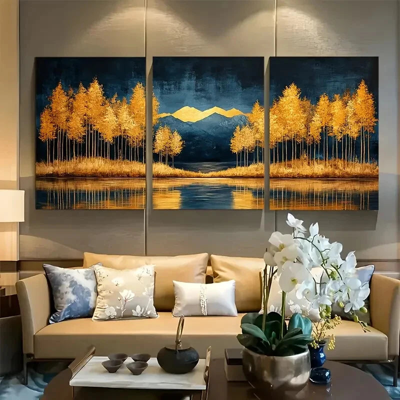 3pcs Vibrant Golden Trees Forest Nature Design Metal Print Ready to Hang Art - Bella Home Decor