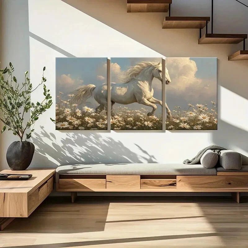 3pcs White Horse Running Through Daisy Field Metal Print Ready to Hang Art - Bella Home Decor