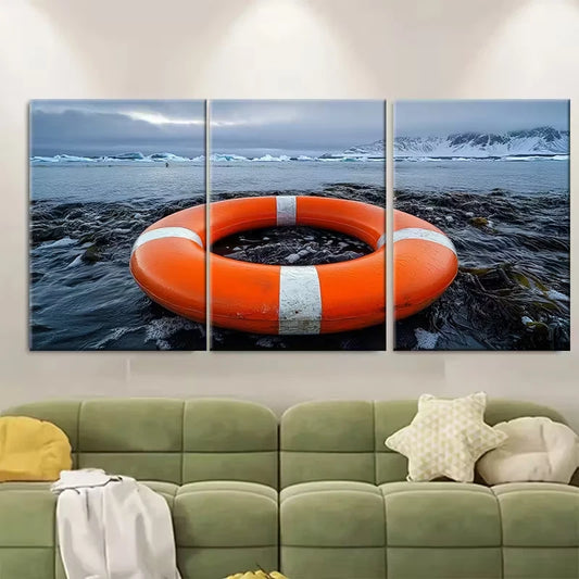 3pcs , Bright Orange Lifebuoy Ring Metal Print Ready to Hang Art