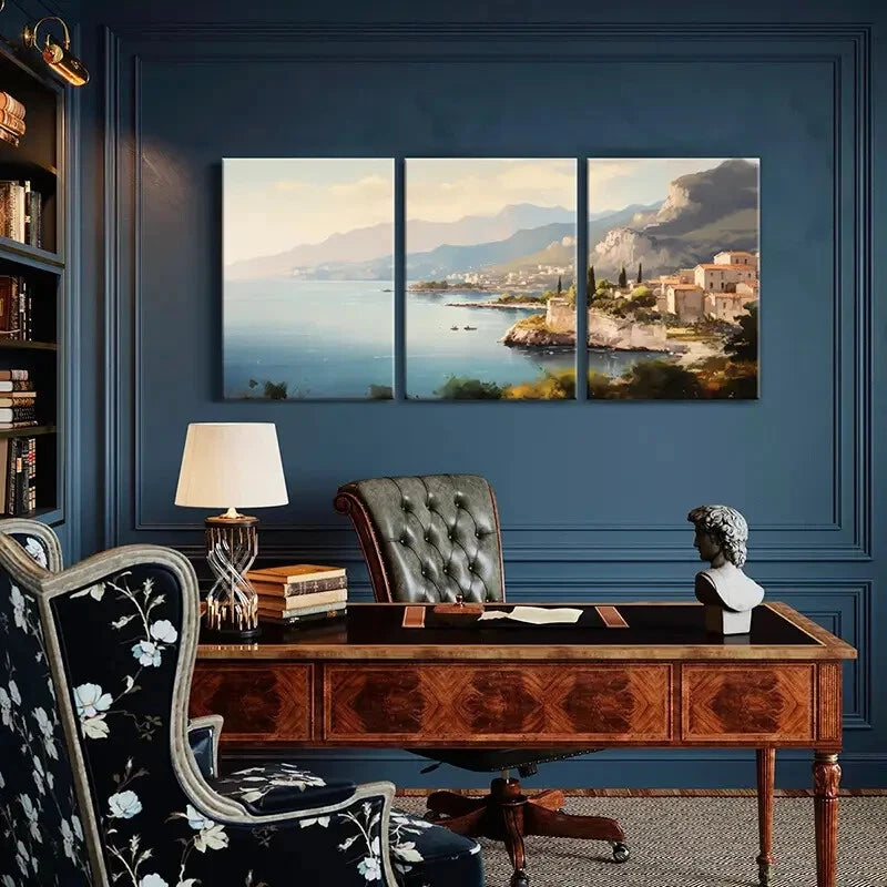 3pcs Mountain View Coastal Town Serene Waters Metal Print Ready to Hang Art - Bella Home Decor