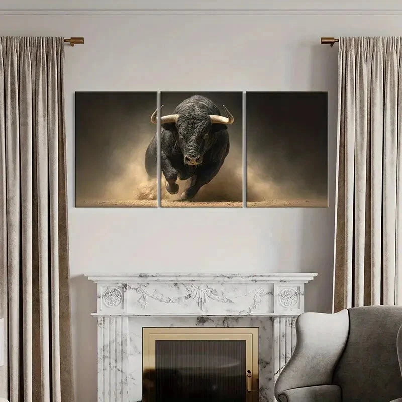 3pcs Black Bull Charge Dusty Arena Powerful Beast Metal Print Ready to Hang Art - Bella Home Decor