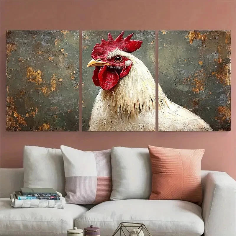 3pcs White Rooster Bird Farm Animals Illustration Metal Print Ready to Hang Art - Bella Home Decor