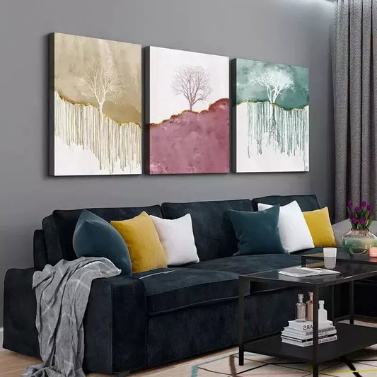 3pcs Golden, Red and Green Abstract Tree Wall Art Set Canvas Framed 50x70cm - High Quality Print 100% Australian Made Wall Canvas Ready to Hang