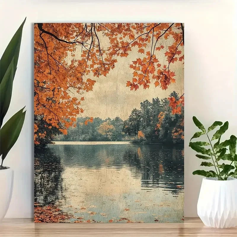 Beautiful Foliage Serene Lake Scene Painting 40x60cm Metal Print Ready to Hang - Bella Home Decor