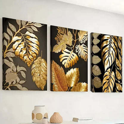 3pcs light luxury Golden leaves and flowers Wall Art Canvas Unframed - High Quality Print 100% Australian Made Wall Canvas