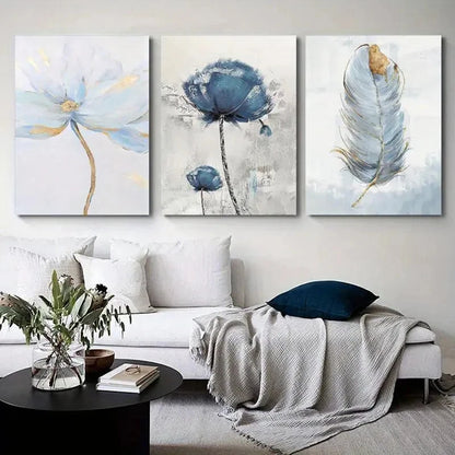 3pcs Blue Flower & Feather Canvas Framed 50x70cm - High Quality Print 100% Australian Made Wall Canvas Ready to Hang - Bella Home Decor