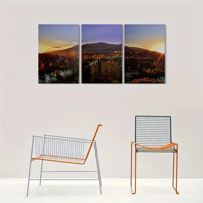 3pcs Golden Sunset Painting Scenery Metal Print Ready to Hang Art - Bella Home Decor