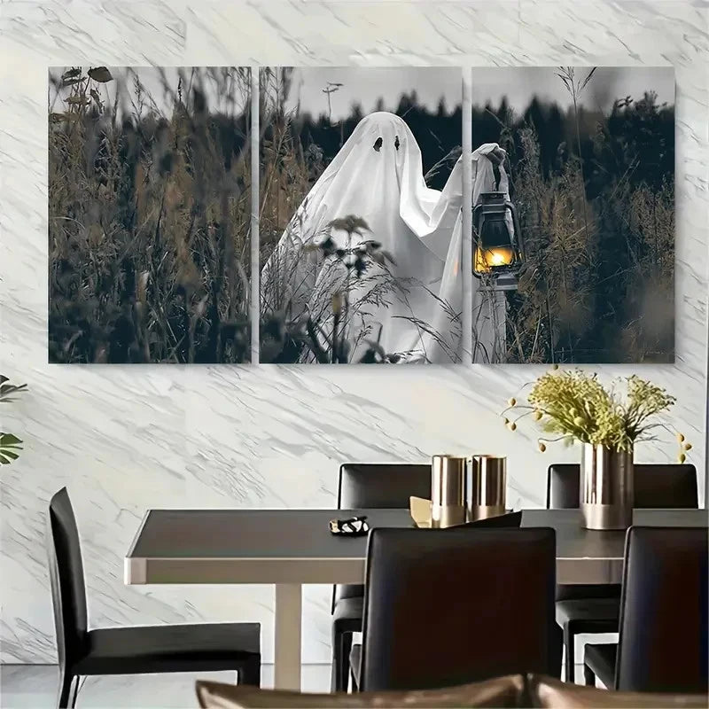 3pcs Spooky Ghost in Fields with Lantern Metal Print Ready to Hang Art