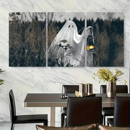 3pcs Spooky Ghost in Fields with Lantern Metal Print Ready to Hang Art
