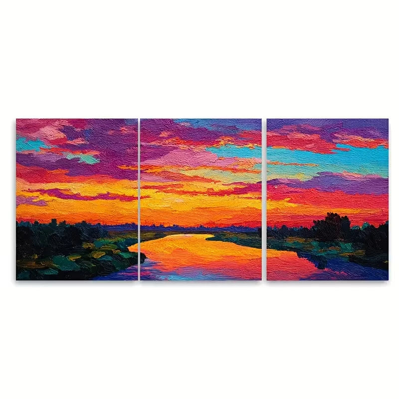 3pcs Bright Sunset Over The River, Metal Print Ready to Hang Art - Bella Home Decor