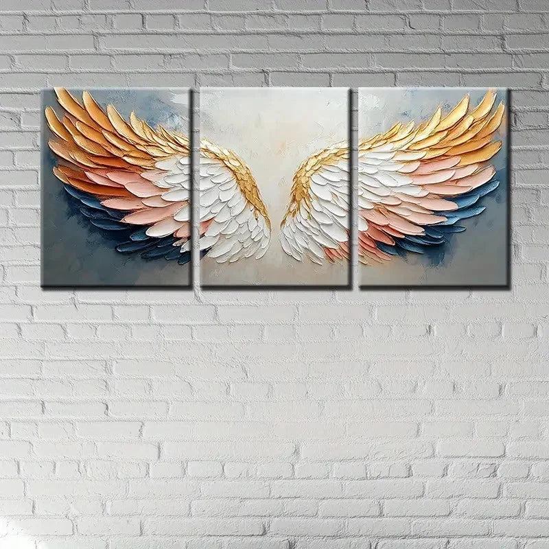 3pcs Angel Wings Golden and white Feather Design Metal Print Ready to Hang Art - Bella Home Decor