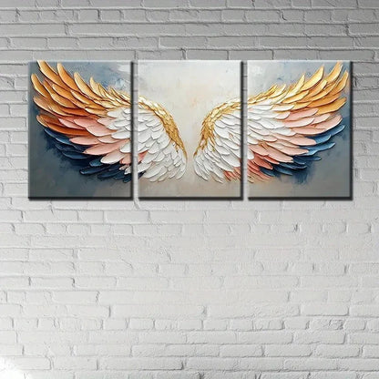 3pcs Angel Wings Golden and white Feather Design Metal Print Ready to Hang Art - Bella Home Decor