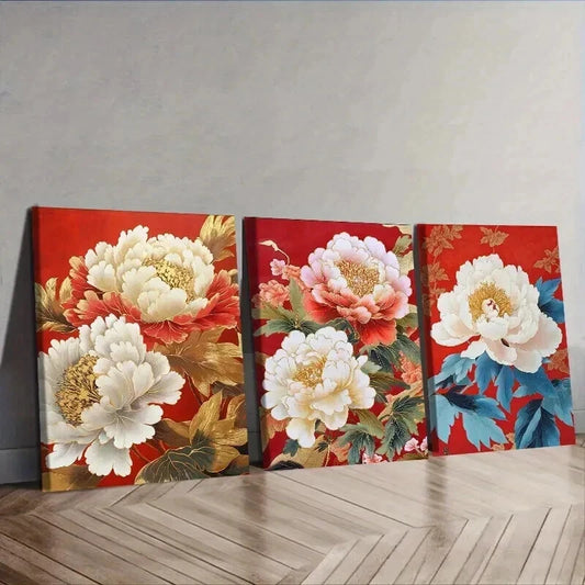 3pcs Luxurious Peony Flower Painting Wall Art Set Canvas Framed 50x70cm - High Quality Print 100% Australian Made Wall Canvas Ready to Hang