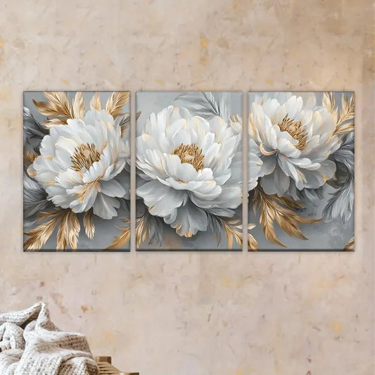 3pcs a painting of white flowers with gold leave Wall Art Set Canvas Framed 50x70cm - High Quality Print 100% Australian Made Wall Canvas Ready to Hang
