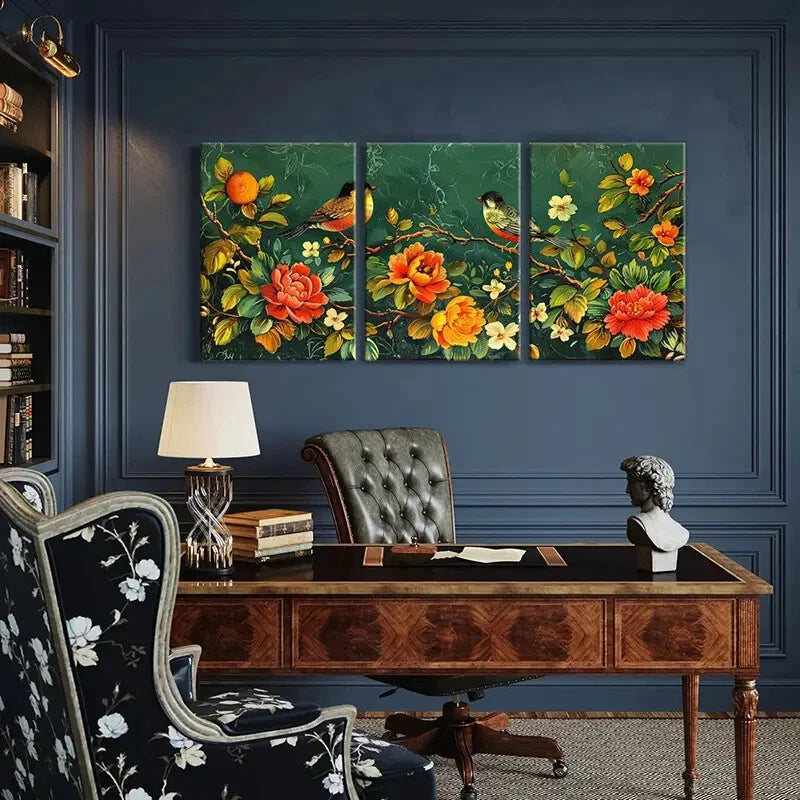 3pcs Birds Vibrant Flowers Elegant Branches Metal Print Ready to Hang Art - Bella Home Decor