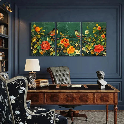 3pcs Birds Vibrant Flowers Elegant Branches Metal Print Ready to Hang Art - Bella Home Decor